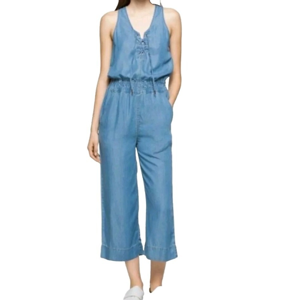 CALVIN KLEIN Lyocell Chambray DENIM BLUE Lace-Up SMOCKED WAIST Ankle JUMPSUIT XS